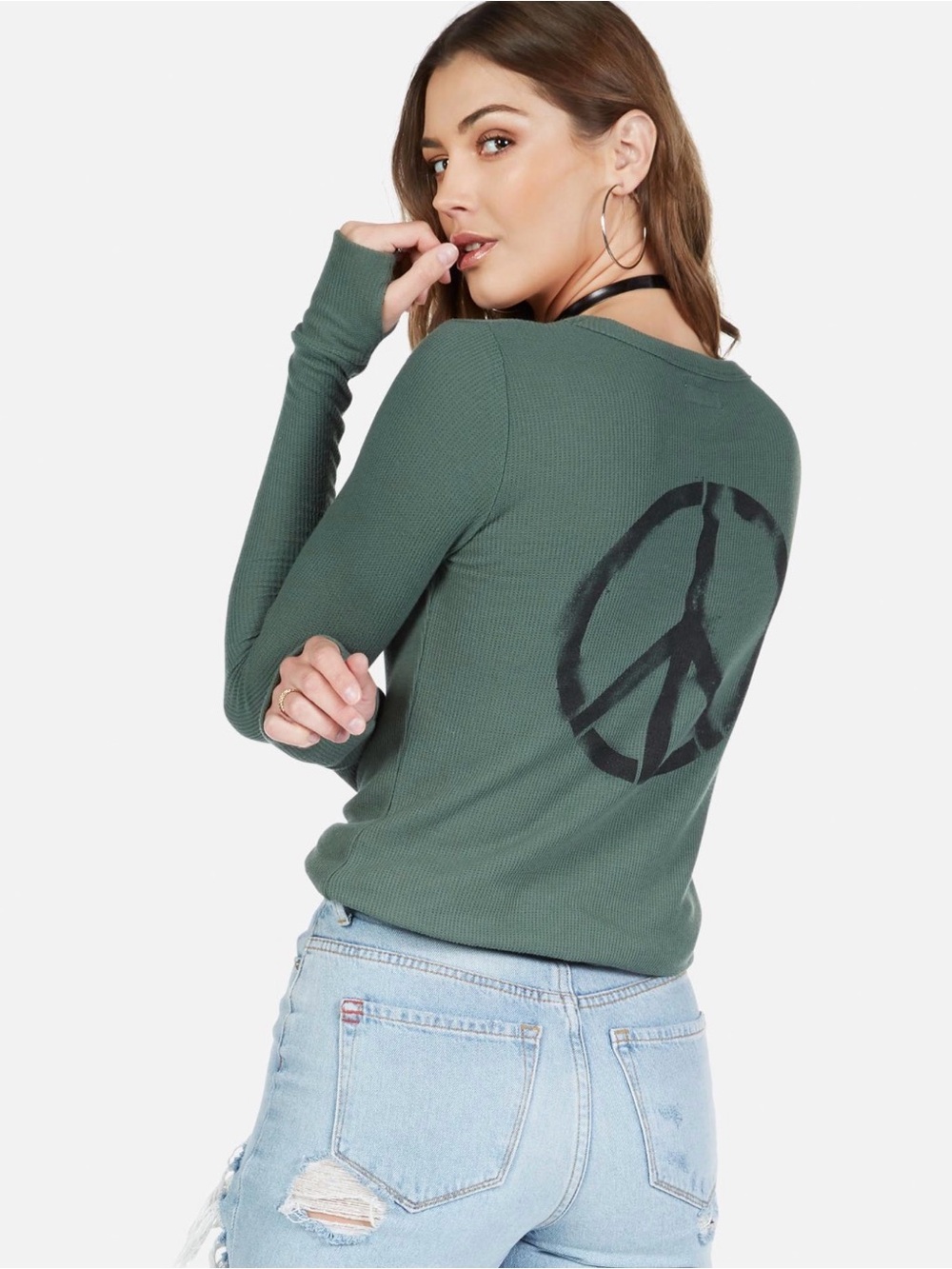 Lauren Moshi Olive Green MCKINLEY PEACE LOVE SPRAY Size L - Picture 3 of 9
